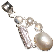 Natural River Pearl,Biwa Pearl and Moonstone Indian 925 Sterling Silver Pendant 1 1/2" T0192