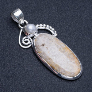 Natural Fossil Coral and River Pearl 925 Sterling Silver Pendant Necklace 2 1/4" R1124
