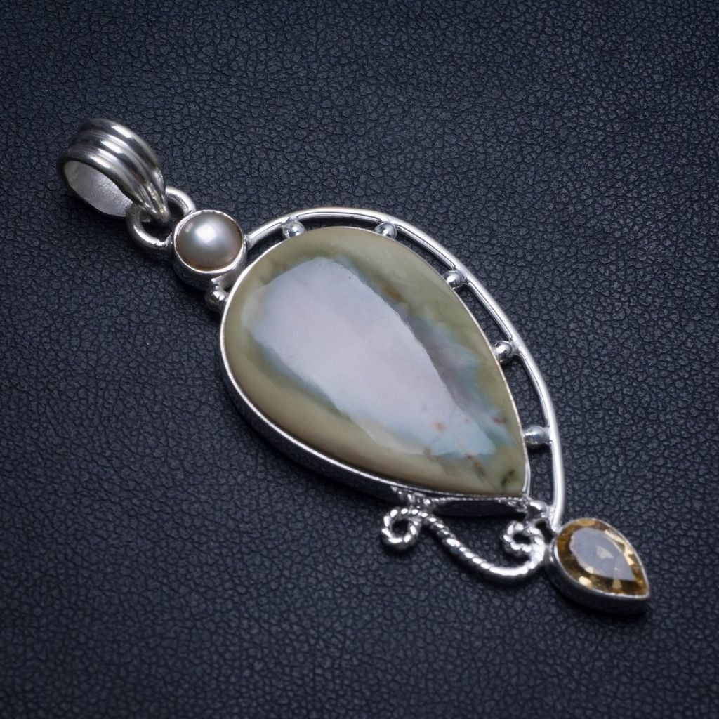 Natural Imperial Jasper,Citrine and River Pearl Mexican 925 Sterling Silver Pendant 2 1/4