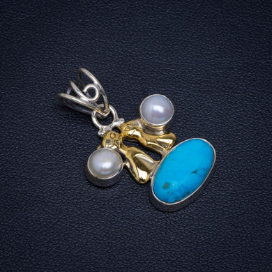 Natural River Pearl and Turquoise Unique Design 925 Sterling Silver Pendant 1 1/4