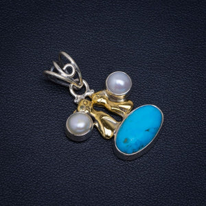 Natural River Pearl and Turquoise Unique Design 925 Sterling Silver Pendant 1 1/4" D207