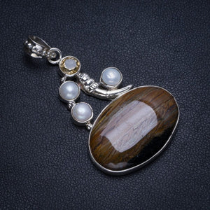 Natural Iron Tiger Eye,River Pearl and Citrine Handmade Boho 925 Sterling Silver Pendant 2" T1279