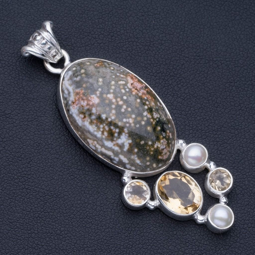 Natural Ocean Jasper,Citrine and River Pearl Punk Style 925 Sterling Silver Pendant 2 1/4