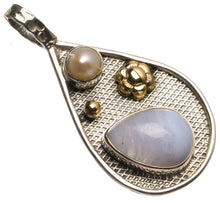 Natural Two Tones Blue Lace Agate and River Pearl Vintage 925Sterling Silver Pendant 1 3/4" T1580
