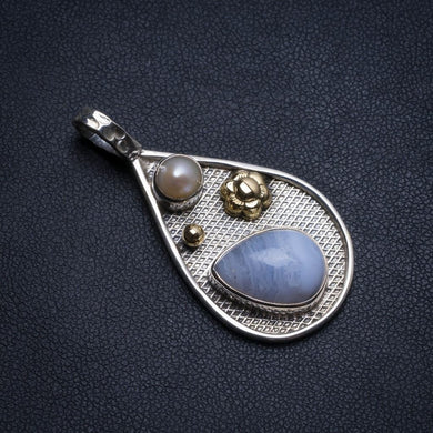 Natural Two Tones Blue Lace Agate and River Pearl Vintage 925Sterling Silver Pendant 1 3/4