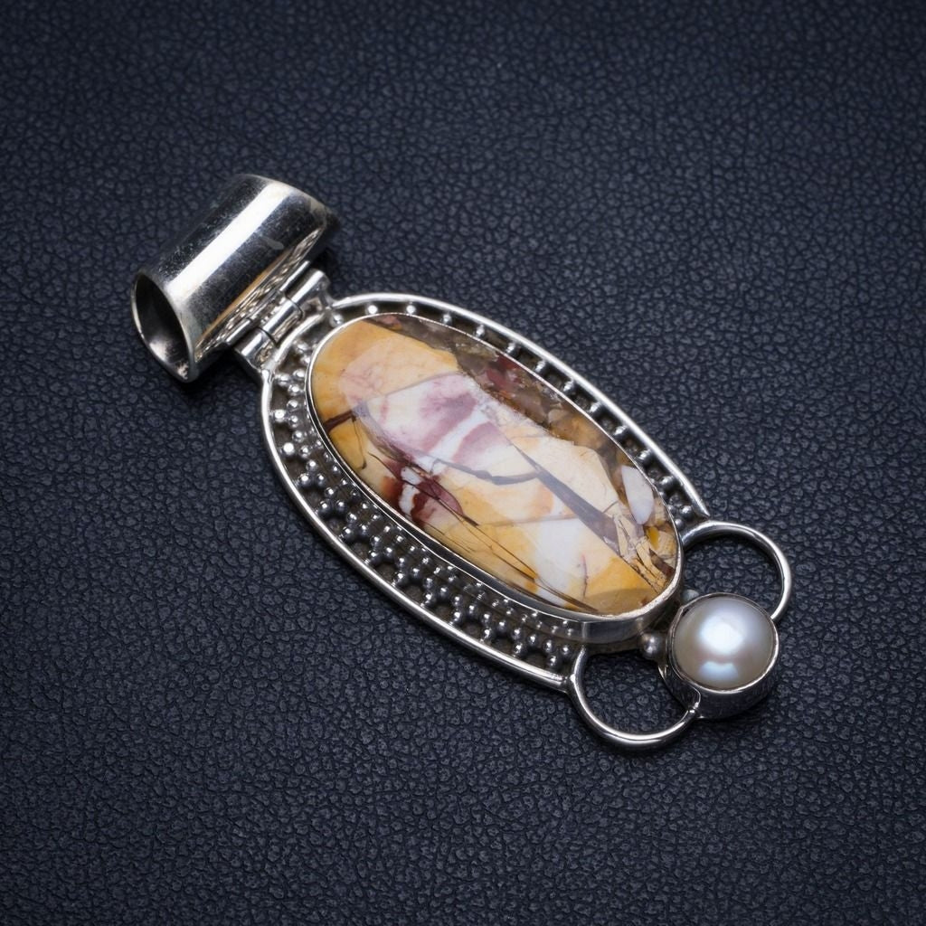 Natural Brecciated Mookaite and River Pearl Indian 925 Sterling Silver Pendant 1 3/4