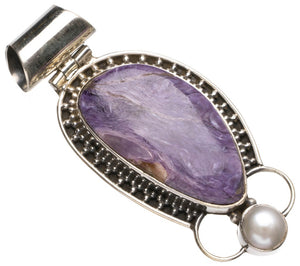 Natural Charoite and River Pearl Handmade Unique 925 Sterling Silver Pendant 1 3/4" T1108