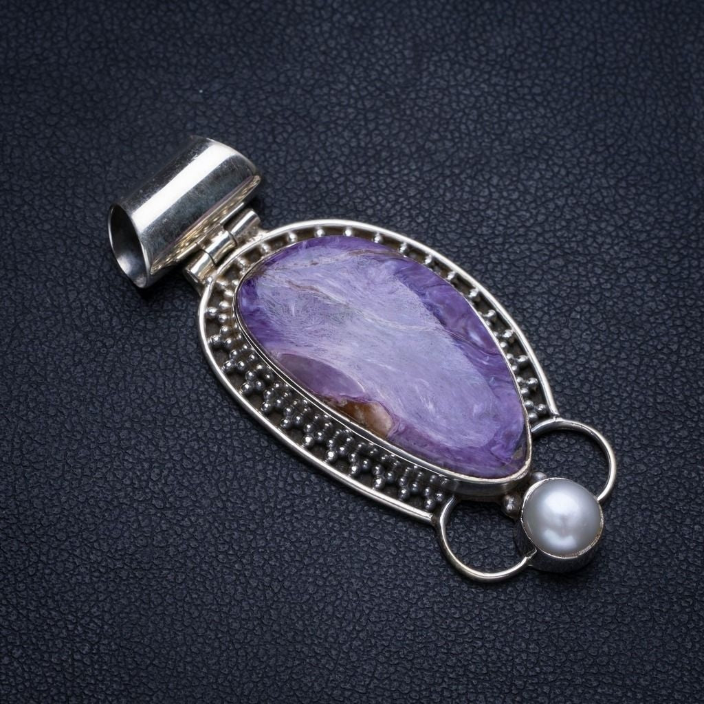 Natural Charoite and River Pearl Handmade Unique 925 Sterling Silver Pendant 1 3/4