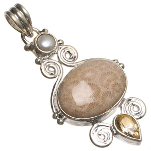 Natural Fossil Coral,River Pearl and Citrine 925 Sterling Silver Pendant 1 3/4" T0883