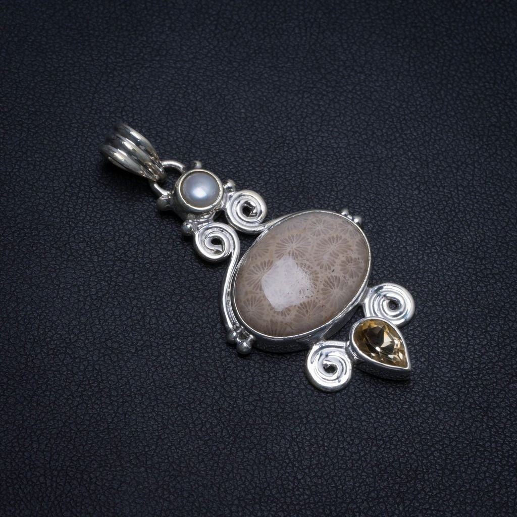 Natural Fossil Coral,River Pearl and Citrine 925 Sterling Silver Pendant 1 3/4