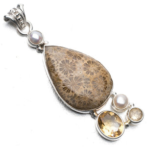 Natural Fossil Coral,Citrine and River Pearl 925 Sterling Silver Pendant 2 1/2" P0598