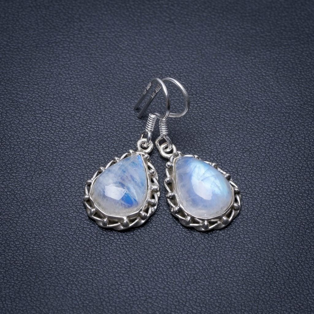 Natural Rainbow Moonstone Punk Style 925 Sterling Silver Earrings 1 1/4