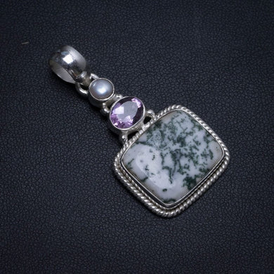 Moss Agate,Amethyst and River Pearl Indian 925 Sterling Silver Pendant 1 3/4