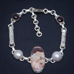 Crazy Lace Agate,River Pearl and Amethyst 925 Sterling Silver Bracelet 6 3/4-8 1/4" N1266