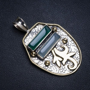 Natural Two Tones Chrysoprase and Chalcedony Handmade Vintage 925 Sterling Silver Pendant 2" T1045
