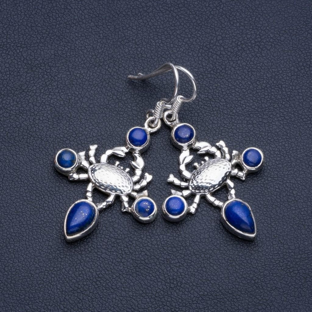 Natural Lapis Lazuli Boho Style 925 Sterling Silver Drop Earrings 1 1/2