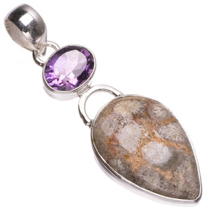 Fossil Coral and Amethyst Handmade Indian 925 Sterling Silver Pendant 2" T1202