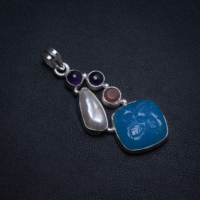 Carved Flower Chalcedony,Amethyst,Biwa Pearl and Agate 925Sterling Silver Pendant 2