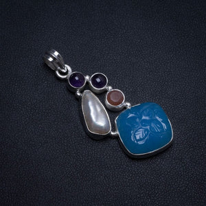 Carved Flower Chalcedony,Amethyst,Biwa Pearl and Agate 925Sterling Silver Pendant 2" T0717