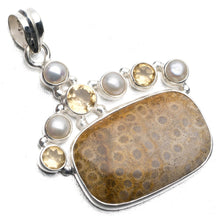 Natural Fossil Coral,Citrine and River Pearl 925 Sterling Silver Pendant 2" P0595
