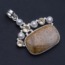 Natural Fossil Coral,Citrine and River Pearl 925 Sterling Silver Pendant 2" P0595