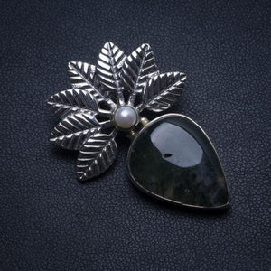 Natural Moss Agate and River Pearl Handmade Indian 925 Sterling Silver Pendant 1 1/2" T1952