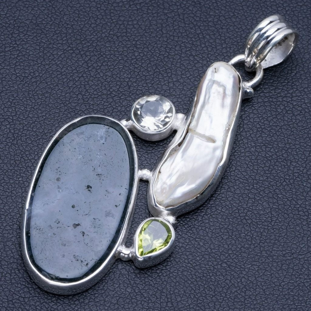 Natürlicher Moosachat, Biwa-Perle, Peridot und weißer Topas 925 Sterling Silber Anhänger 2 1/4