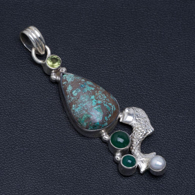 Natural Chrysocolla,Peridot,Chrysoprase and River Pearl 925 Sterling Silver Pendant 2 1/4