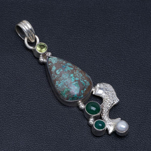 Natural Chrysocolla,Peridot,Chrysoprase and River Pearl 925 Sterling Silver Pendant 2 1/4" M682
