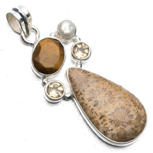 Natural Fossil Coral,Tiger Eye,Citrine and River Pearl 925 Sterling Silver Pendant 2" P0592