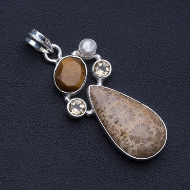 Natural Fossil Coral,Tiger Eye,Citrine and River Pearl 925 Sterling Silver Pendant 2