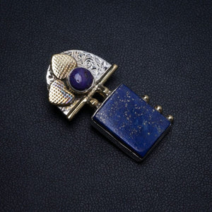 Two Tones Lapis Lazuli and Amethyst Indian 925 Sterling Silver Pendant 1 1/4" T0827