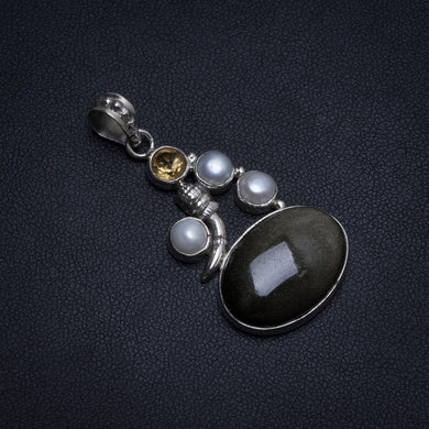 Natural Black Cat Eye,River Pearl and Citrine Indian 925 Sterling Silver Pendant 1 3/4
