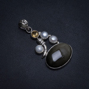 Natural Black Cat Eye,River Pearl and Citrine Indian 925 Sterling Silver Pendant 1 3/4" T0592