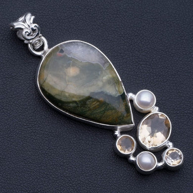 Natural Ocean Jasper,River Pearl and Citrine Punk Style 925 Sterling Silver Pendant 2 1/4