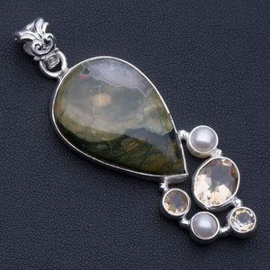 Natural Ocean Jasper,River Pearl and Citrine Punk Style 925 Sterling Silver Pendant 2 1/4" P0635