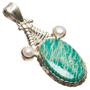 Natural Amazonite and River Pearl Boho Style 925 Sterling Silver Pendant 2" S0304