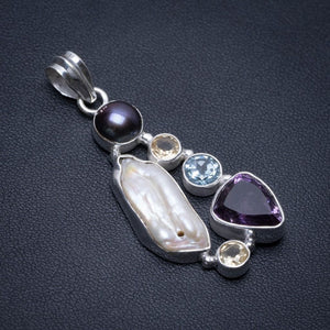 Biwa Pearl,Blue Topaz,Citrine,Amethyst and River Pearl 925Sterling Silver Pendant 2" S0237