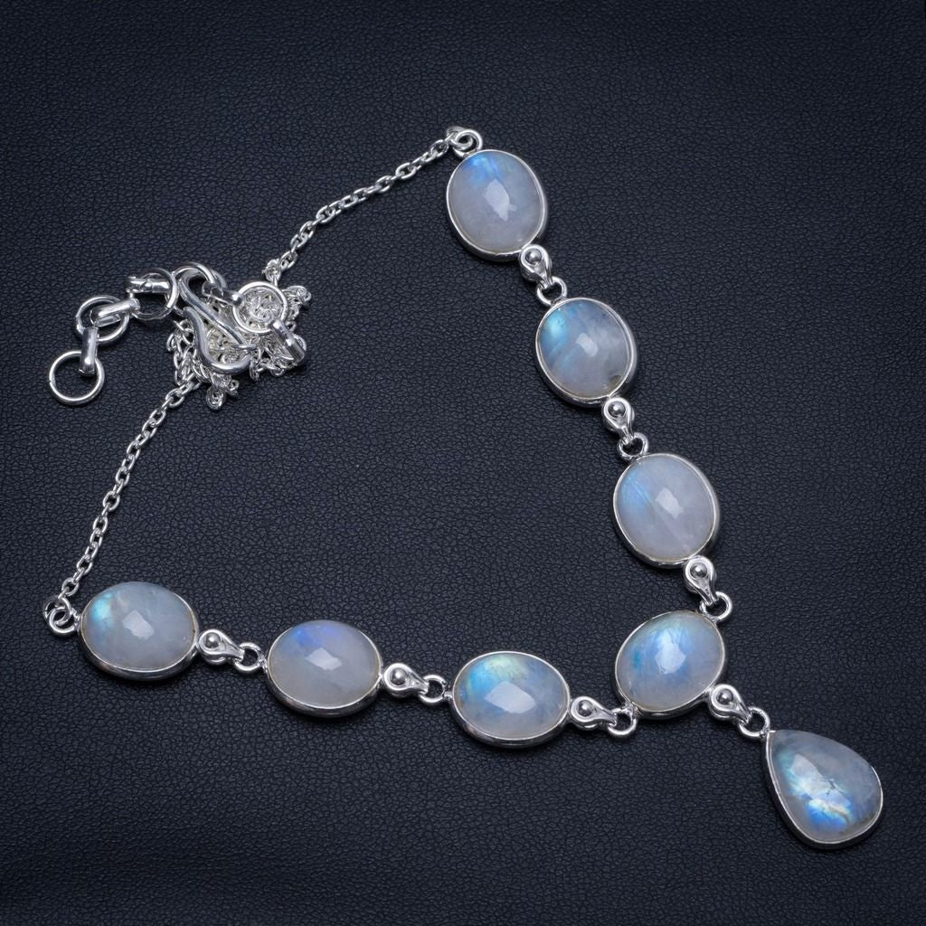 Natural Rainbow Moonstone Handmade Boho 925 Sterling Silver Y-Shaped Necklace 17