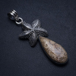Natural Fossil Coral Starfish Handmade Boho 925 Sterling Silver Pendant 2" T1969
