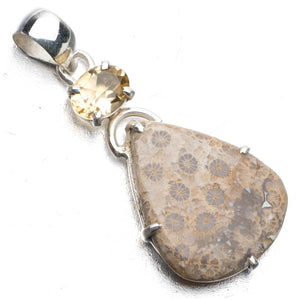 Natural Fossil Coral and Citrine 925 Sterling Silver Pendant 2" P0588