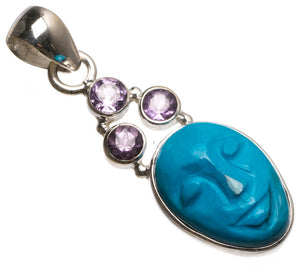 Carved Face Synthetic Turquoise and Amethyst Mexican 925 Sterling Silver Pendant 1 1/2" T1501