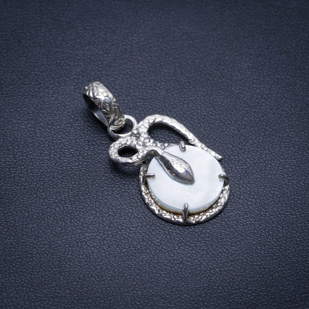 Natural Mother Of Pearl Snake Handmade Indian 925 Sterling Silver Pendant 1 1/4
