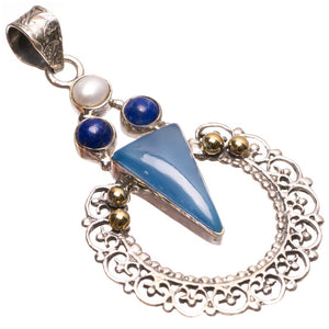 Natural Two Tones Chalcedony,Lapis Lazuli and River Pearl 925 Sterling Silver Pendant 2 1/4" S0929