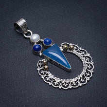 Natural Two Tones Chalcedony,Lapis Lazuli and River Pearl 925 Sterling Silver Pendant 2 1/4" S0929