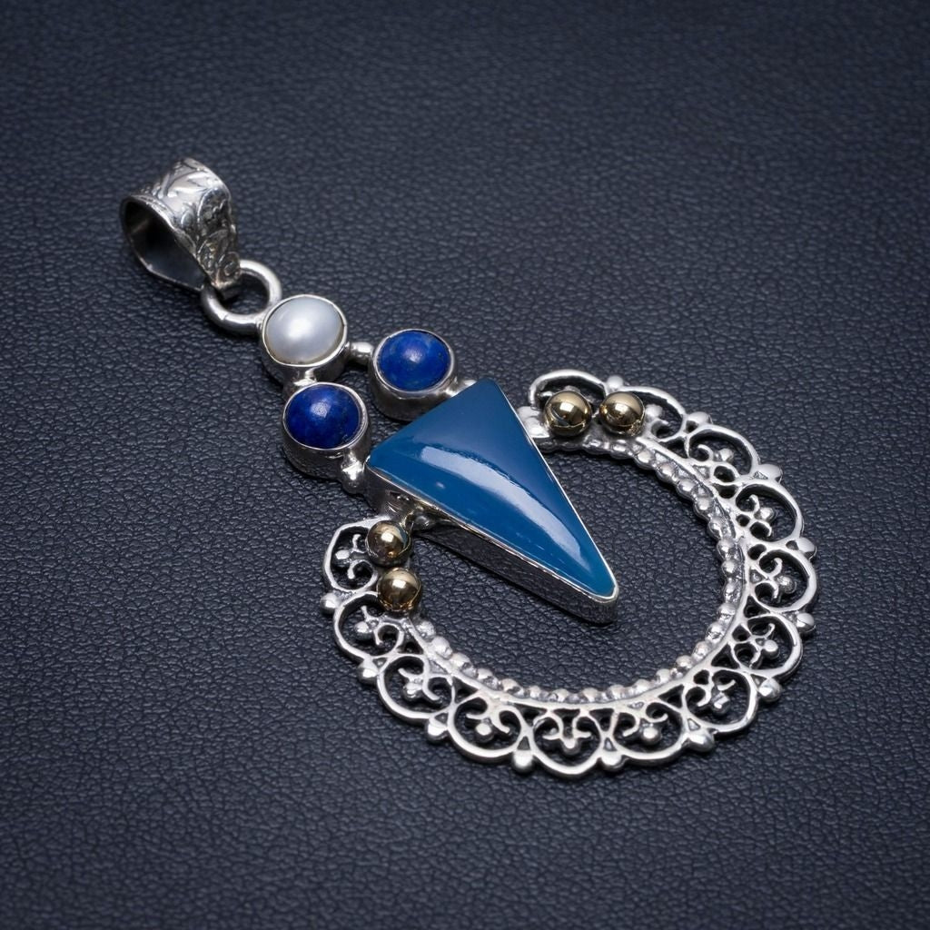 Natural Two Tones Chalcedony,Lapis Lazuli and River Pearl 925 Sterling Silver Pendant 2 1/4