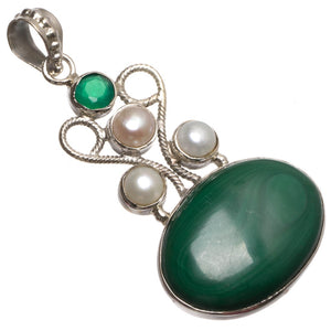 Natural Malachite,Chrysoprase and River Pearl Handmade Indian 925 Sterling Silver Pendant 2" T0672