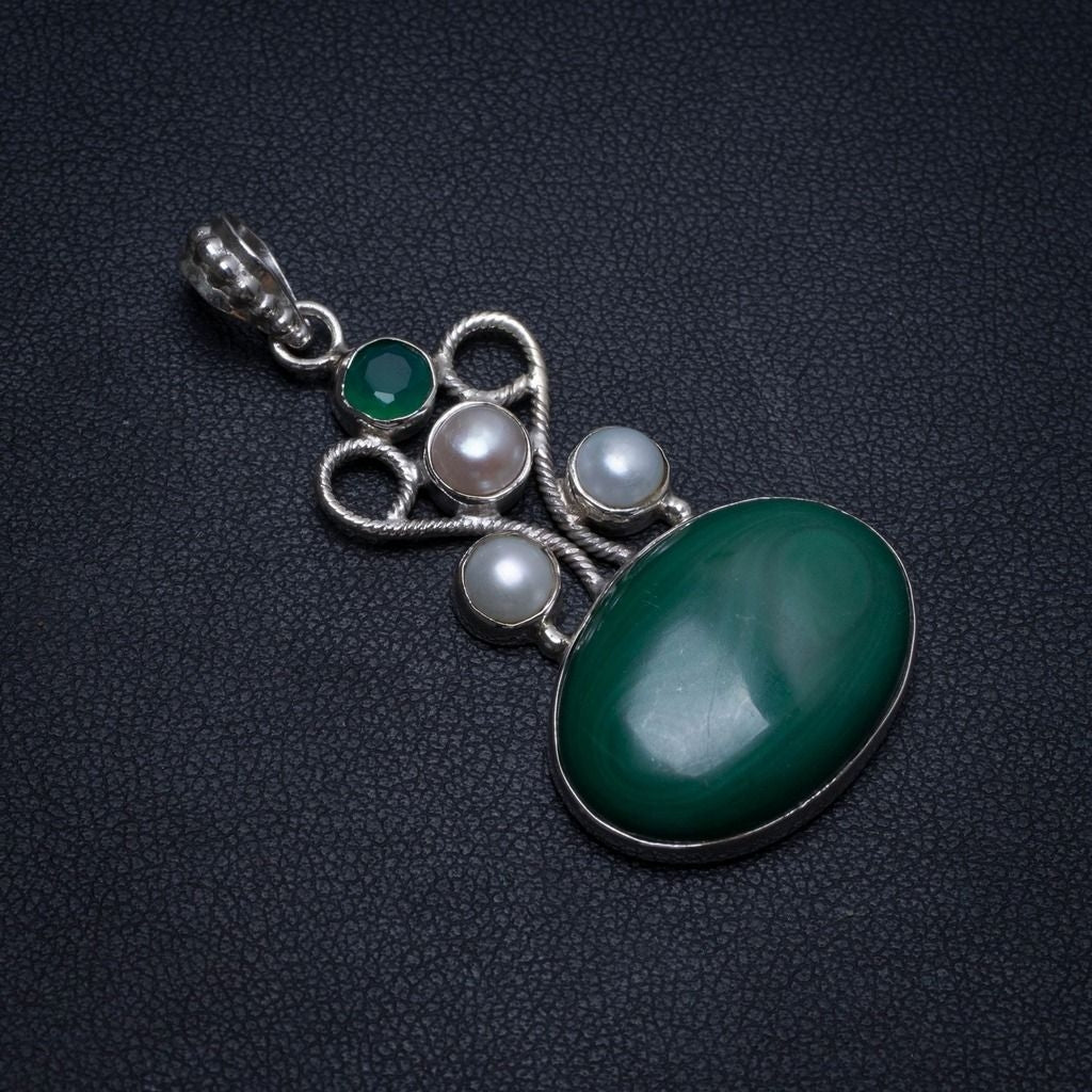 Natural Malachite,Chrysoprase and River Pearl Handmade Indian 925 Sterling Silver Pendant 2