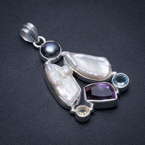 Biwa Pearl,Amethyst,Blue Topaz,Citrine and River Pearl 925Sterling Silver Pendant 2" S0289