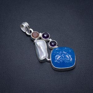 Carved Face Chalcedony,Amethyst,Agate and Biwa Pearl 925 Sterling Silver Pendant 2" S0814